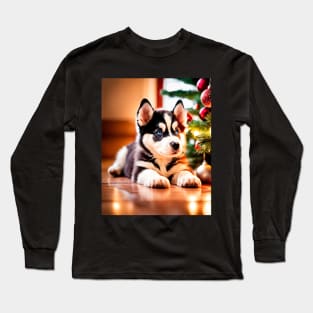 Husky Puppy Dog by Christmas Tree Long Sleeve T-Shirt